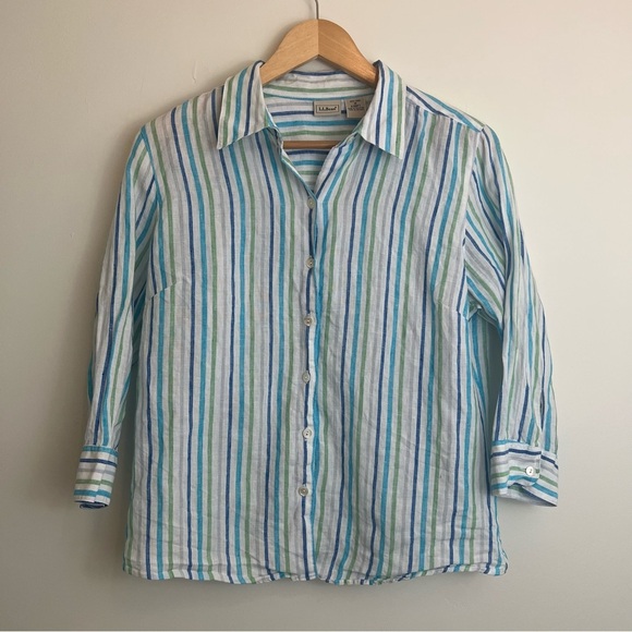 LL Bean Women’s Blue/White/Green Striped 100% Linen Shirt- Sz M Beach Summer - Picture 1 of 5